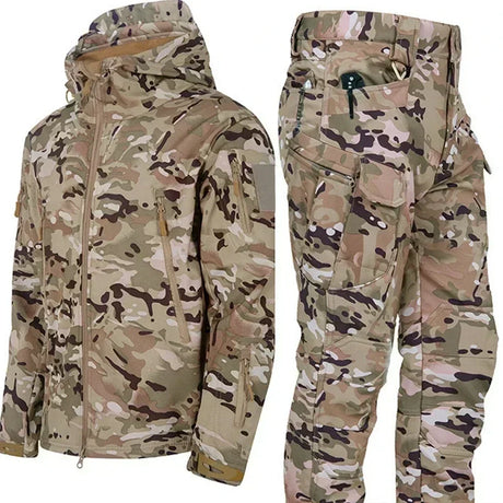 Camo Winter Tactical Sets Men Shark Skin Soft Shell Hooded Jacket+Multi-pocket Straight Cargo Pant 2Pcs Suits Waterproof Set - Lootquake