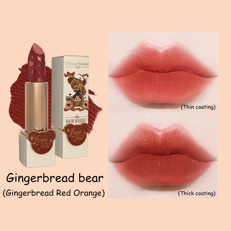 Flower Knows Love Bear Series Matte Moisturizing Lipstick Silky Smooth Renewal Natural Lip Makeup Professional Cosmetic Women