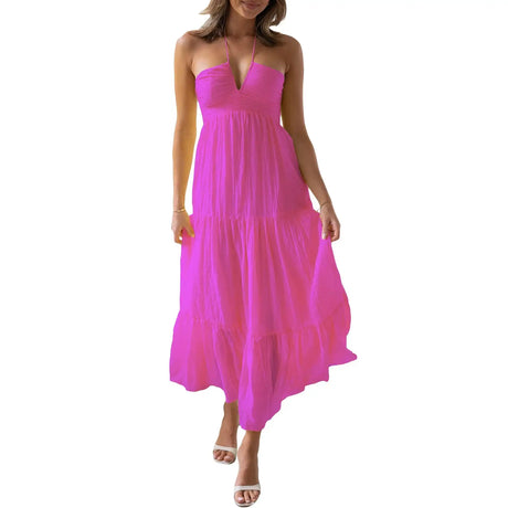 Women Low Cut Backless Maxi Dresses Elegant Spaghetti Strap Tiered Long Dress Relax Fit Open Back Cutout Flowy Sundress - Lootquake