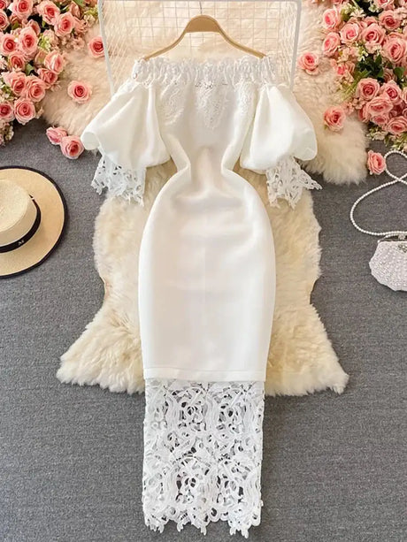 Sexy Hollow Out Lace Bodycon Long Dress Women Elegant Red/Pink/White Off Shoulder Patchwork Maxi Party Vestidos 2021 Autumn New - Lootquake