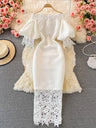 Sexy Hollow Out Lace Bodycon Long Dress Women Elegant Red/Pink/White Off Shoulder Patchwork Maxi Party Vestidos 2021 Autumn New - Lootquake