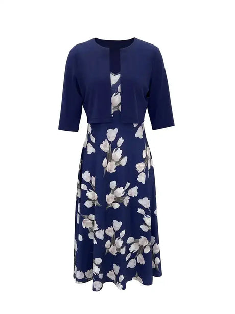 2024 European and American Autumn New Women's Long Dress Two Piece Flower and Grass Print Round Neck Dress Coat Women - Lootquake