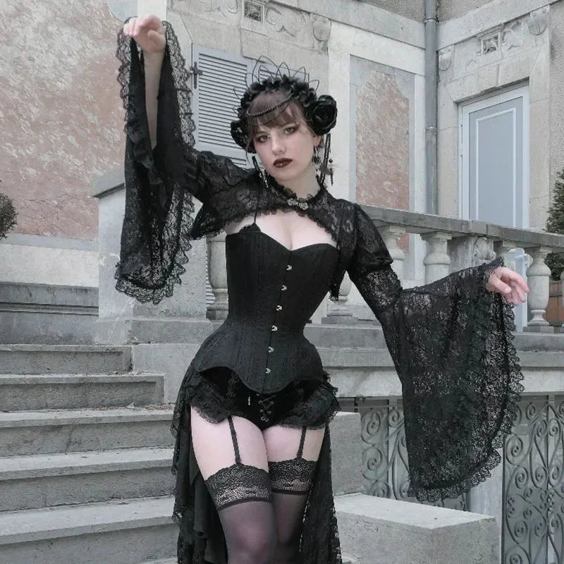 Lace Shrugs Sheer Crop Tops Long Bell Sleeves Cardigan Women Dark Gothic Wedding Punk Sexy Crochet Bolero Cover Up Shirt - Lootquake