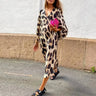 Autumn Women's Long Leopard Print Dress New Long V-neck Loose Lantern Sleeve Leopard Print Dress Long Dress - Lootquake