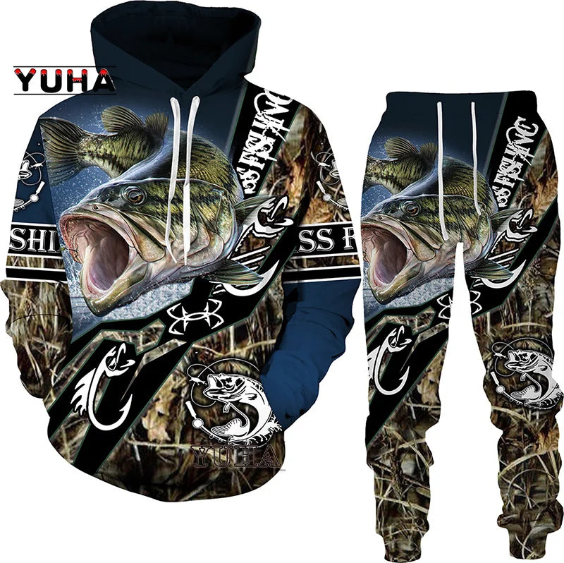 New 3D Fishing Art Print Casual Couple Hoodies Outfits Hip Hop Streetwear Hooded Sweatshirt+Sweat Pants Men's Tracksuit Set - Lootquake