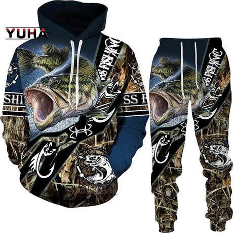 New 3D Fishing Art Print Casual Couple Hoodies Outfits Hip Hop Streetwear Hooded Sweatshirt+Sweat Pants Men's Tracksuit Set - Lootquake
