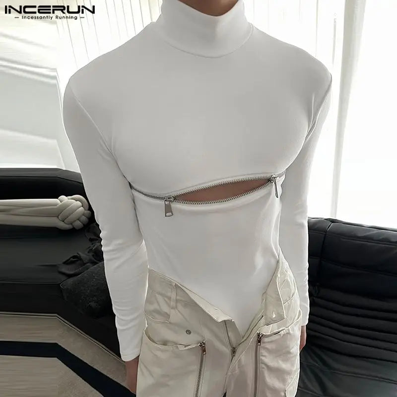 INCERUN Men T Shirts Solid Color Turtleneck Long Sleeve Fitness Streetwear Camisetas 2024 Hollow Out Zipper Casual Men Clothing - Lootquake