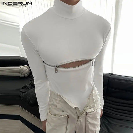 INCERUN Men T Shirts Solid Color Turtleneck Long Sleeve Fitness Streetwear Camisetas 2024 Hollow Out Zipper Casual Men Clothing - Lootquake
