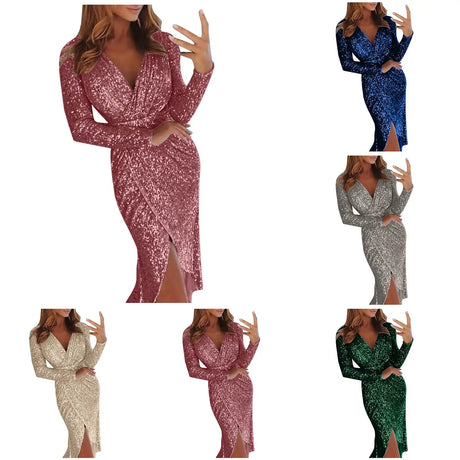Elegant Women Evening Party Dress Shiny Sequin Deep V-Neck Nightclub Formal Dress Bodycon Irregular Hem Long Dress For Wedding - Lootquake