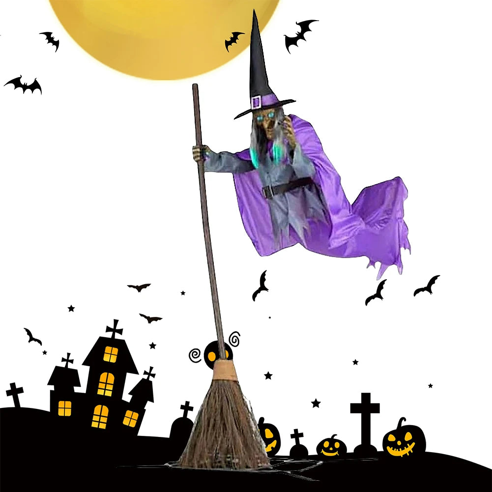Halloween Props with Terrifying Sounds and Lights Halloween Flying Witch Decor Broom Wizard Decor for Balcony Entry Themed Party