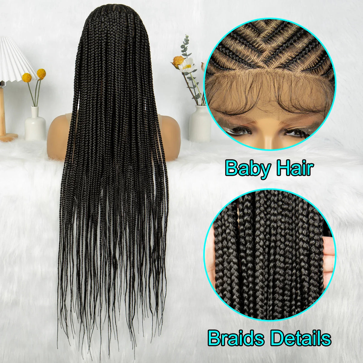 36" Cornrow Braided Full Lace Wig | Knotless Box Braids | Baby Hair | Synthetic Braiding Wig for Black Women