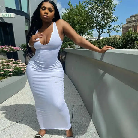 Sifreyr Ribbed V Neck Tank Long Dress Women Solid Sleeveless Bodycon Maxi Dress Sexy Streetwear Party Club Outfits Slim Sundress - Lootquake