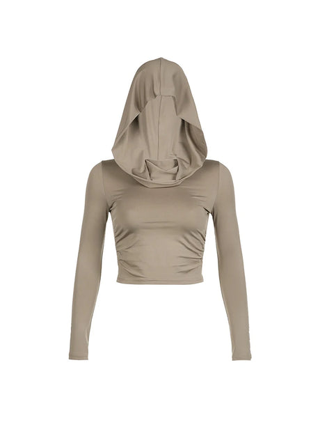 Women's Hooded Crop Tops Autumn Solid Color Long Sleeve Cowl Neck Slim Fit Short T-Shirt Streetwear Sporty Basics Tees - Lootquake