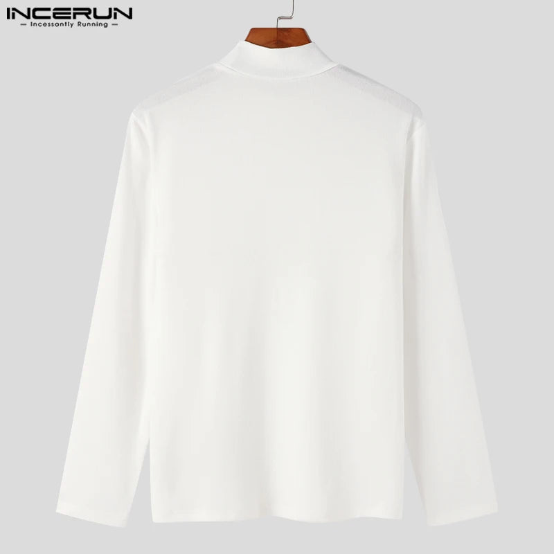 INCERUN Men T Shirts Solid Color Turtleneck Long Sleeve Fitness Streetwear Camisetas 2024 Hollow Out Zipper Casual Men Clothing - Lootquake