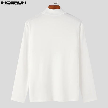 INCERUN Men T Shirts Solid Color Turtleneck Long Sleeve Fitness Streetwear Camisetas 2024 Hollow Out Zipper Casual Men Clothing - Lootquake