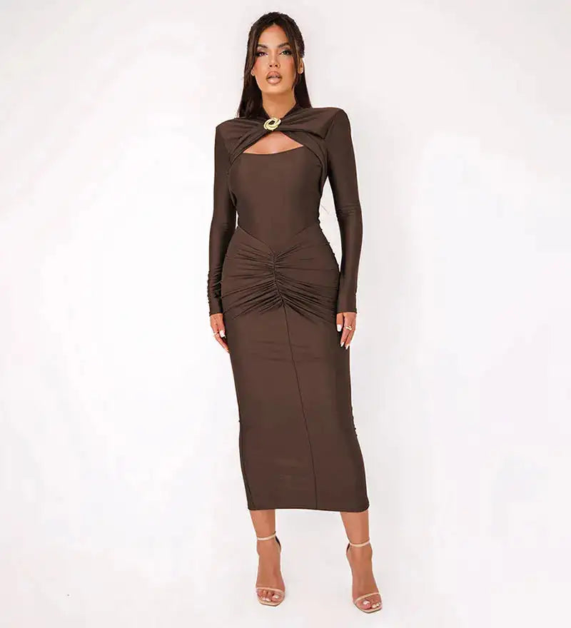 GACVGA Sexy Hollow Out Ruched Maxi Dress For Women 2024 Autumn Winter Long Sleeve Slit Slim Elegant Party Evening Long Dress - Lootquake