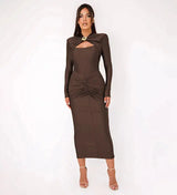 GACVGA Sexy Hollow Out Ruched Maxi Dress For Women 2024 Autumn Winter Long Sleeve Slit Slim Elegant Party Evening Long Dress - Lootquake