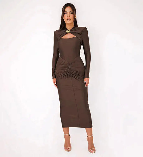 GACVGA Sexy Hollow Out Ruched Maxi Dress For Women 2024 Autumn Winter Long Sleeve Slit Slim Elegant Party Evening Long Dress - Lootquake