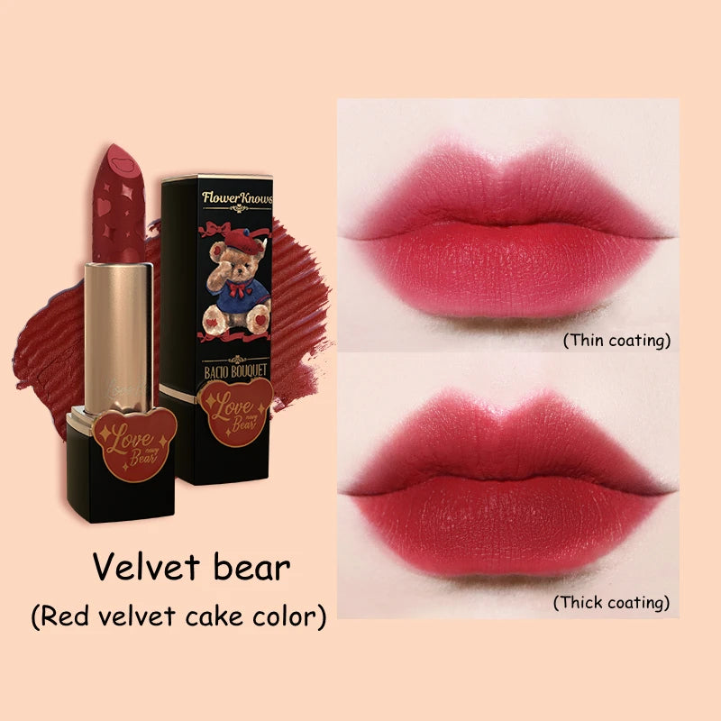 Flower Knows Love Bear Series Matte Moisturizing Lipstick Silky Smooth Renewal Natural Lip Makeup Professional Cosmetic Women