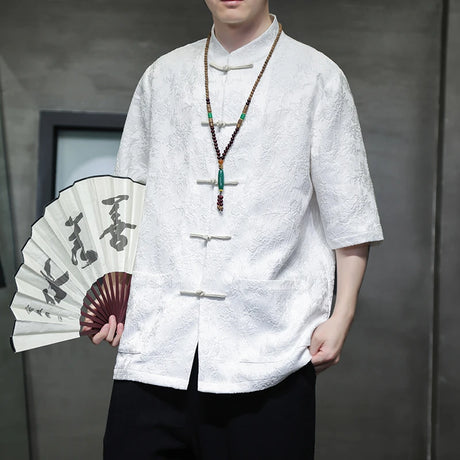 M-5XL Plus Size Mens Chinese Traditional Floral Printed Tang Shirts Frog Button Down Kong Fu Half Sleeve Summer Clothing XXXXXL - Lootquake