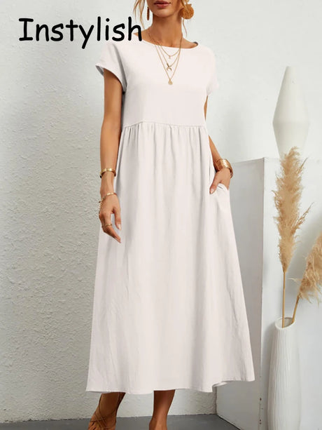 Women Elegant Solid Maxi Dress Summer Short Sleeve O Neck Vintage Harajuku Cotton Linen Loose Sundress Y2K Pockets Long Dress - Lootquake