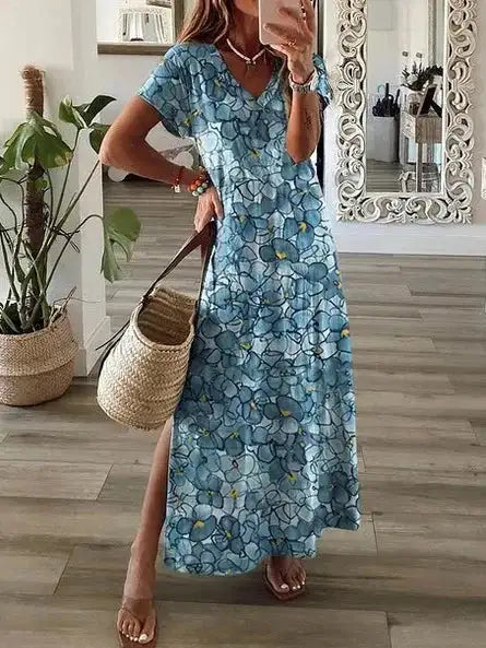 2024 Vintage Floral Elegant Maxi Dress For Women Summer Fashion V Neck Short Sleeve Split Boho Long Dress Party Beach Dresses - Lootquake