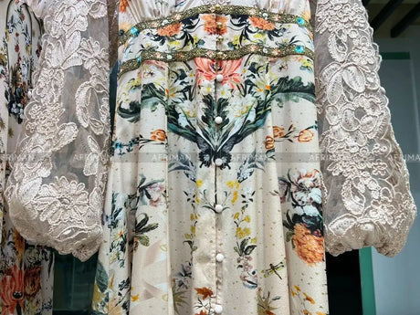Women V Neck Lace Embroidery Patchwork Silk Floral Print Lantern Sleeve A-line Maxi Long Dress - Lootquake