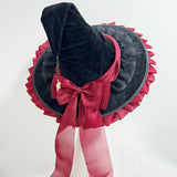 Halloween Party Witch Hat Costume Bowknot Large Black Crooked Ruched Wizard Hat Accessory