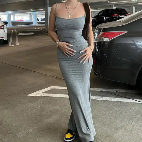 Dresses For Women 2023 Sexy Spaghetti Strap Black Long Dress Evening Y2k Sleeveless Solid Skinny Bodycon Maxi Vestidos - Lootquake