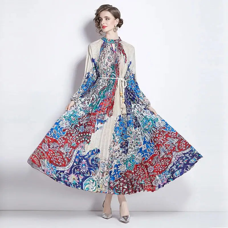 Spring Holiday Print Long Dress For Women Fashion Loose Lantern Sleeve Party Robe Female Big Swing Tassels Belt Pleated Clothes