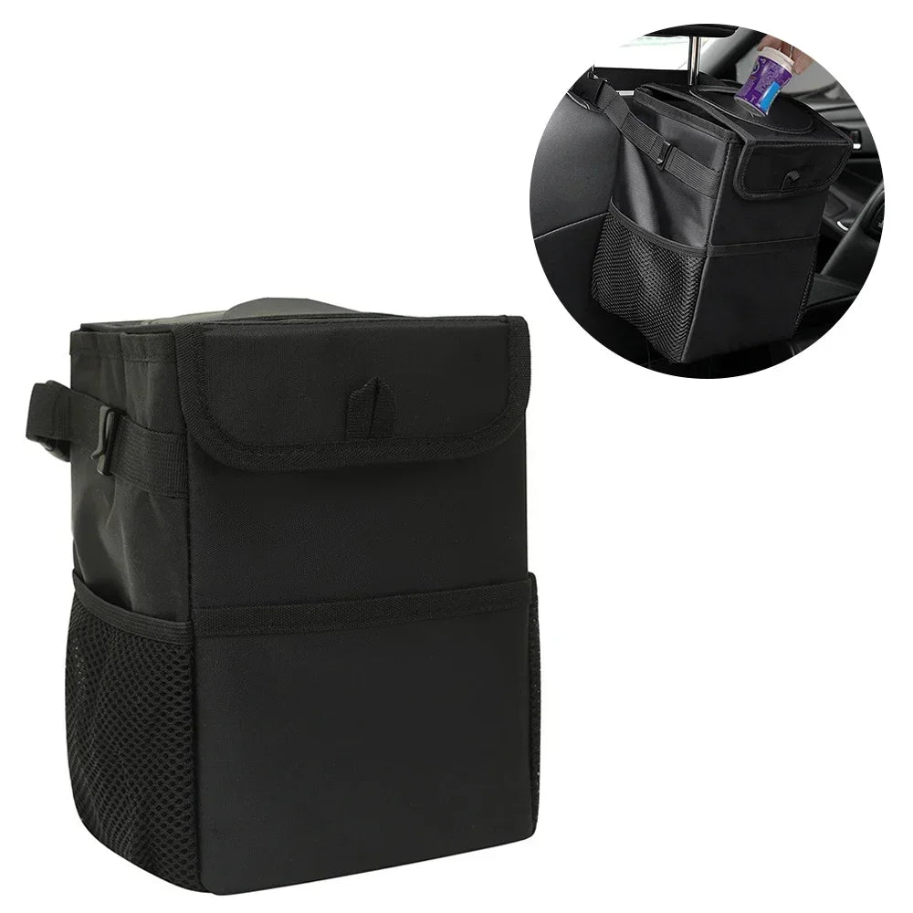 Cubo de basura con tapa y bolsillos de almacenamiento, 100 % a prueba de fugas, organizador impermeable, multiusos, color negro, para coche.