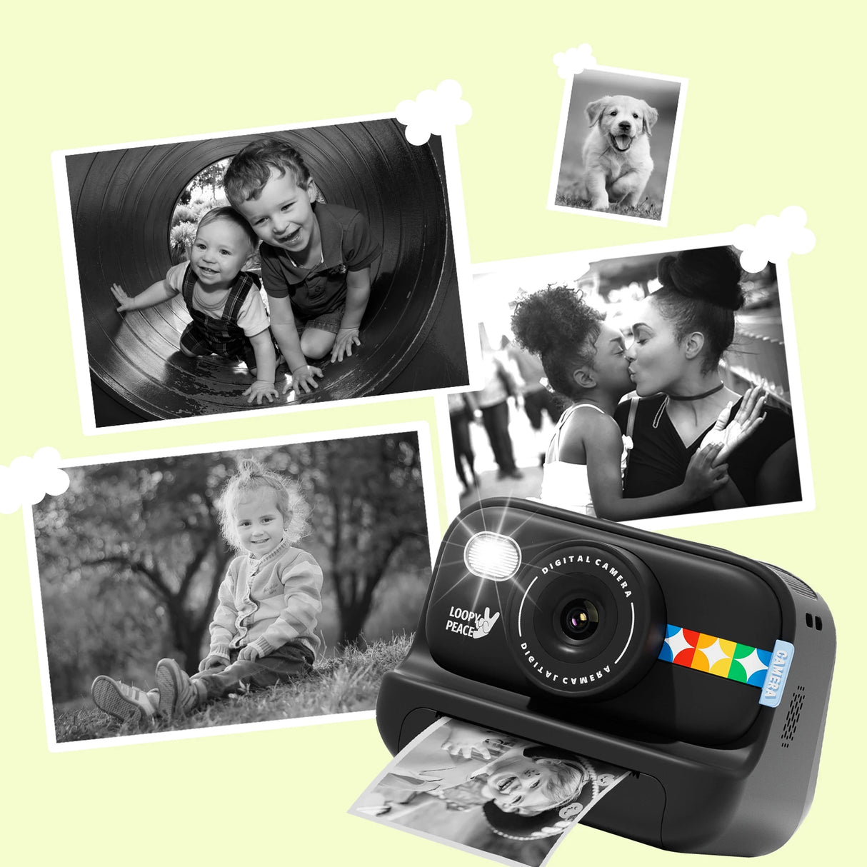 Kids Instant Print Camera -Black & White Print Toddler Birthday Gift Portable Thermal Paper HD Digital Video Printer