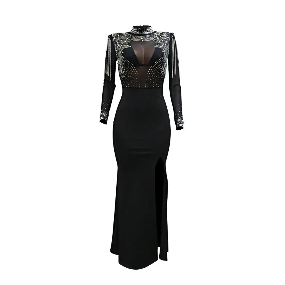 CM.YAYA Vestido largo de sirena con diamantes de imitación y manga larga transparente para mujer, de malla transparente, sexy, para fiesta de noche o otoño