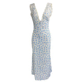 Y2K Chic Women Lace Trim Long Dress 90s Vintage Sexy V Neck Tie Up Backless Bodycon Elegant Lady Club Party Night Cocktail Dress - Lootquake