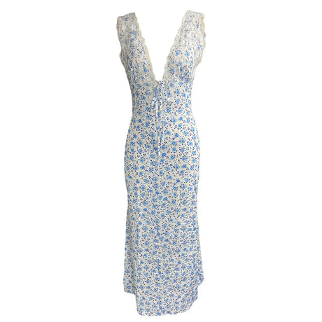 Y2K Chic Women Lace Trim Long Dress 90s Vintage Sexy V Neck Tie Up Backless Bodycon Elegant Lady Club Party Night Cocktail Dress - Lootquake