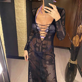 Deep V Dress Lace Up Long Sleeve Women Split Maxi Dress Crochet Knitted Tunic Mesh Sheer Sexy Bodycon Long Dress Vestido V4146B - Lootquake