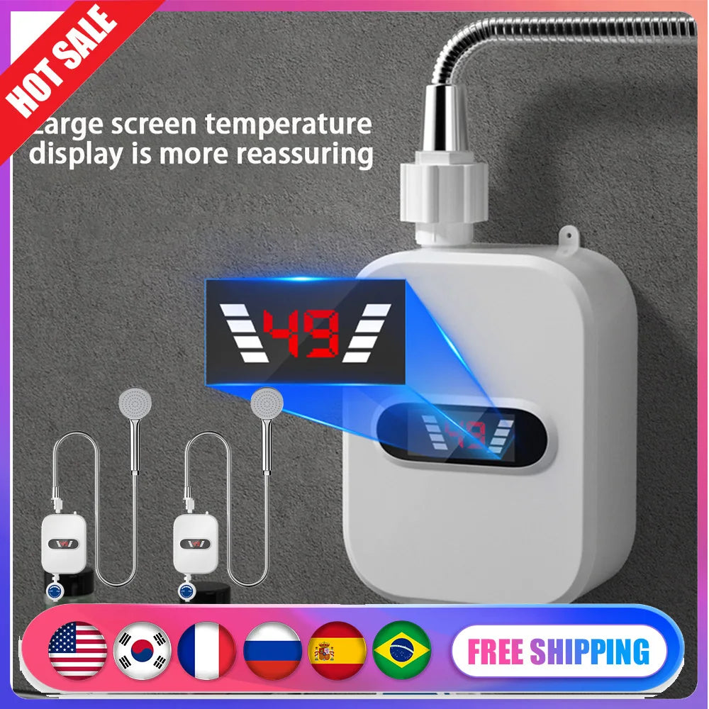 Mini calentador de agua instantáneo para ducha, impermeable, de acero inoxidable 304, calentador de agua eléctrico, ducha de calentamiento rápido, LCD digital para hotel