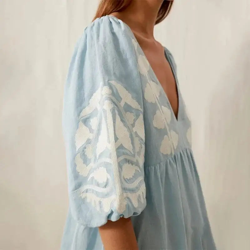 Elegant Print Half Puff Sleeve Dresses Women Loose V-neck Lace Up Backless Long Dress 2024 Summer New Ladies Chic Beach Robes - Lootquake