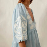 Elegant Print Half Puff Sleeve Dresses Women Loose V-neck Lace Up Backless Long Dress 2024 Summer New Ladies Chic Beach Robes - Lootquake