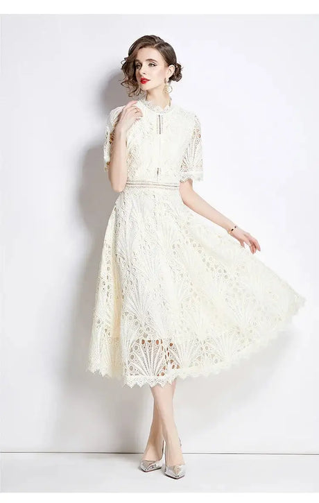SMTHMA Vintage High-End O-Neck Short Sleeve Lace Hollow Out Dress For Women's Summer Slim Elegant Long Dress Female Clothing - Lootquake