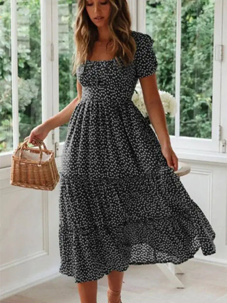 Vestidos Vintage Vintage Print Puff Sleeve summer Beach sweet dresses Casual Square collar floral maxi long dress 2024 festa - Lootquake