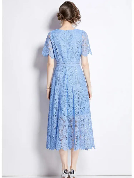 SMTHMA Vintage High-End O-Neck Short Sleeve Lace Hollow Out Dress For Women's Summer Slim Elegant Long Dress Female Clothing - Lootquake