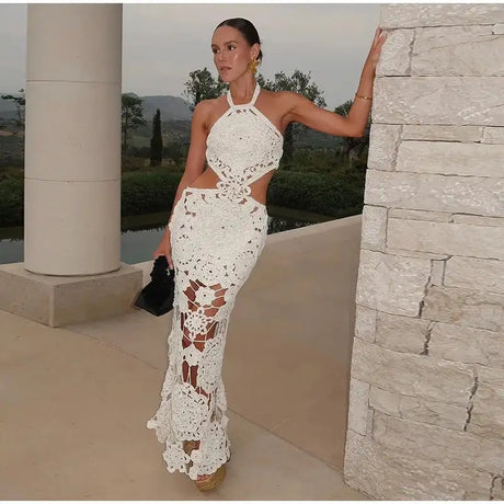 Fashion Hollow Out Halter Maxi Dress For Women 2024 Sexy Sleeveless Backless Long Dress Holiday Hook Flower Knitted Beach Robe - Lootquake