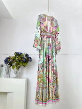 2024 Spring New V Neck Pink Leopard Print Heavy Beaded Women 100% Silk maxi long Dress - Lootquake