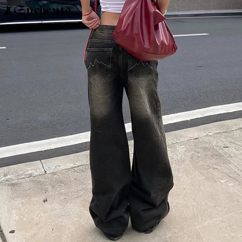 SUCHCUTE Low Waist Jeans for Women Goth Y2k Style Baggy Jeans Punk New Jeans Wide Leg Denim Pants Kpop Casual Loose Streetwear - Lootquake