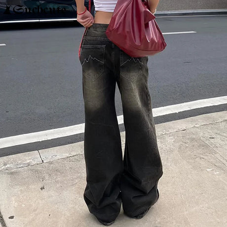SUCHCUTE Low Waist Jeans for Women Goth Y2k Style Baggy Jeans Punk New Jeans Wide Leg Denim Pants Kpop Casual Loose Streetwear - Lootquake