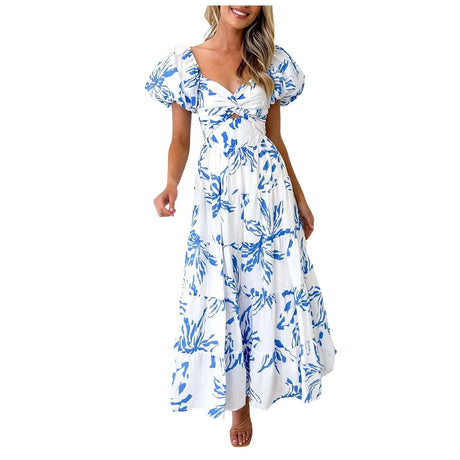 Summer V Neck Cutout Floral Print Dresses Elegant Women Puff Short Sleeve Casual Dress Pleated Waisted Swing Beach Long Dress - Lootquake