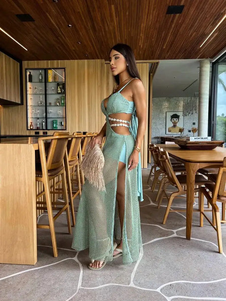 Mesh Long Dress Women Summer Cutout Party Dresses Cover Up Elegant Slim Split Maxi Vestidos Holiday Beach Robe - Lootquake