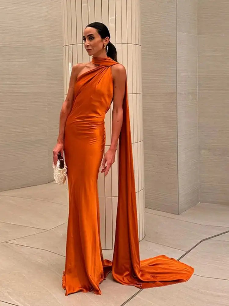 Elegant Satin Halter Slim Long Dress With Scarf Women New Sexy Backless Sleeveless Maxi Dresses Summer Lady Party Chic Vestidos - Lootquake