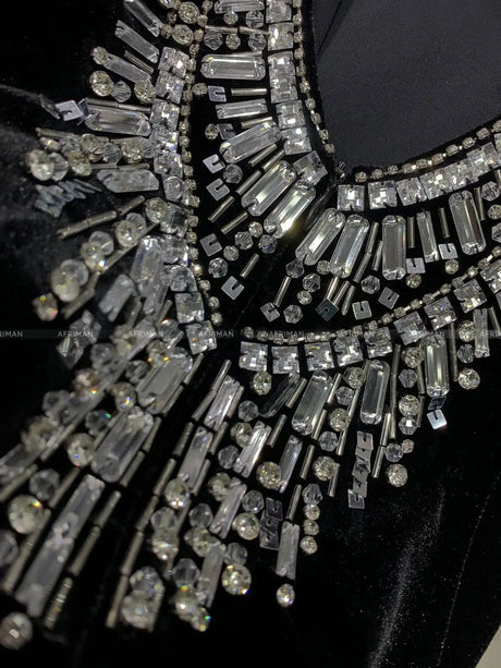 Women Heavy Rhinestone Bead Sexy Backless High Neck Waist Bag Hip Slimming Velvet Long Dress - Lootquake